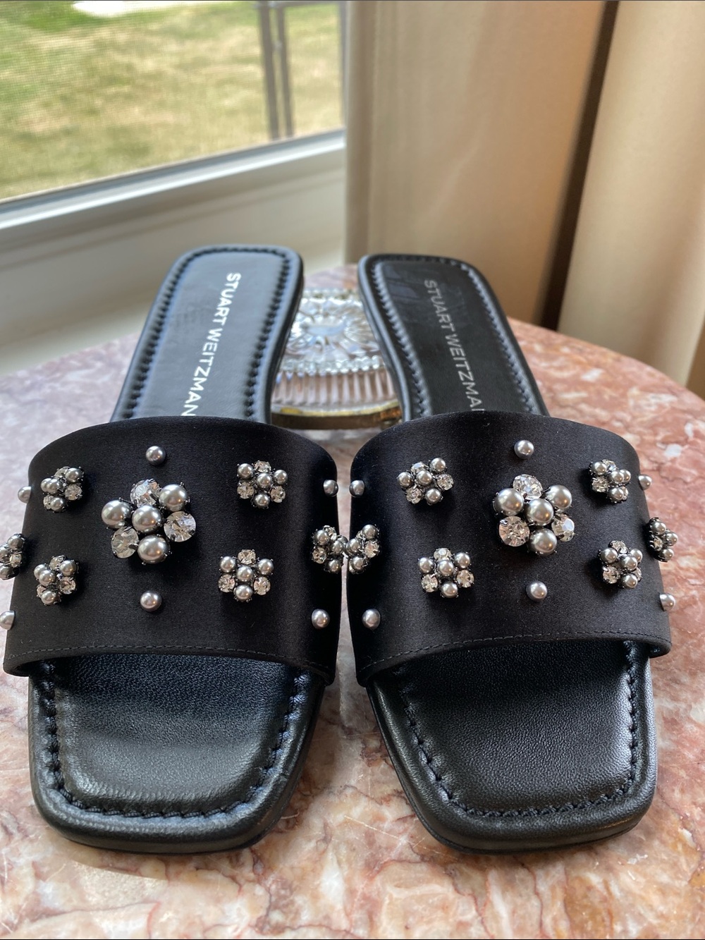 Stuart Weitzman Black Satin Sandals Satin Crystal Pearl size 36.5 made in Spain